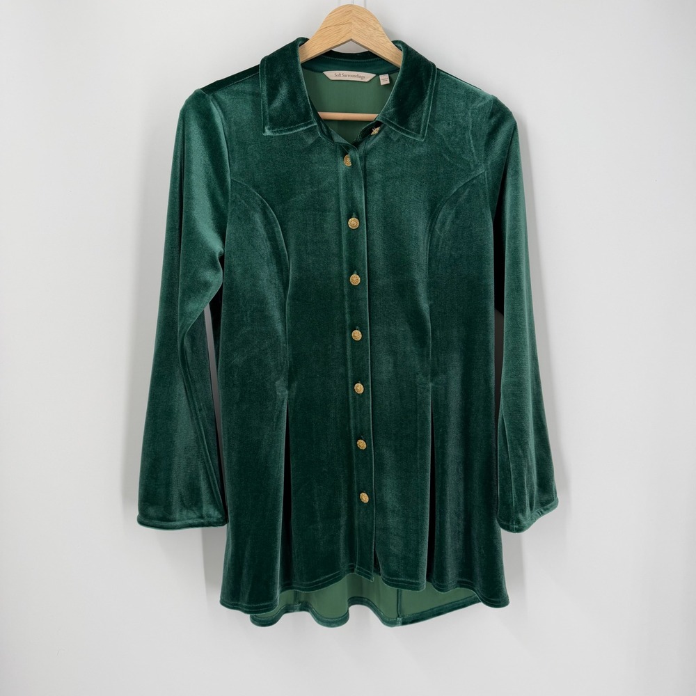 Soft Surroundings Green Velvet Button Down Tunic Gold Buttons Small 2GB05